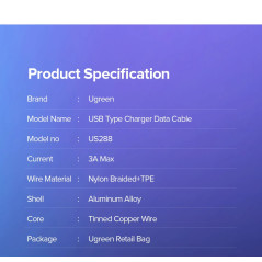 Ugreen кабел USB 2.0 Type A to Type-C US288, 1.5m - 60127