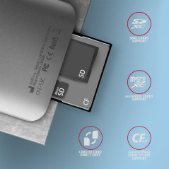 Aluminum high-speed USB-C 3.2 Gen 1 memory card reader. 3 slots, UHS-II.