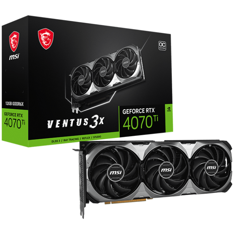 MSI Video Card Nvidia GeForce RTX 4070 Ti VENTUS 3X E1 12G OC, 12GB GDDR6X, 192-bit, 2640 MHz Boost, 7680 CUDA Cores, 21 Gbps, P