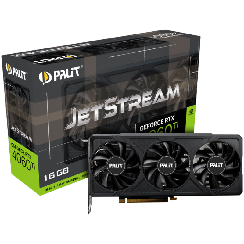 Palit RTX 4060Ti JetStream 16GB GDDR6, 128 bits, 1x HDMI 2.1a, 3x DP 1.4a, 3-fan, 1x 8-pin Power connector, recommended PSU 650W