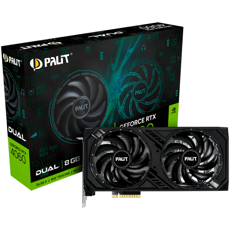 Palit RTX 4060 Dual 8GB GDDR6, 128 bits, 1x HDMI 2.1, 3x DP 1.4a, two fan, 1x 8-pin Power connector, recommended PSU 600W, NE640