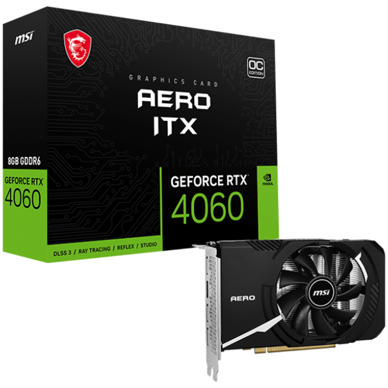MSI Video Card Nvidia GeForce RTX 4060 AERO ITX 8G OC, 8GB GDDR6, 128bit, Boost: 2490 MHz, 3072 CUDA Cores, 17 Gbps Memory Speed
