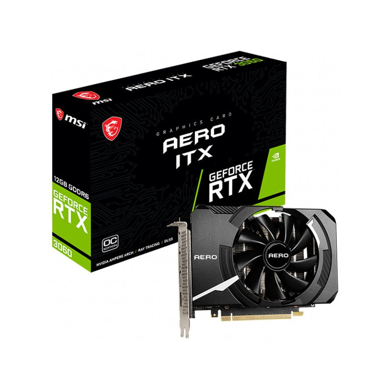 MSI Video Card Nvidia GeForce RTX 3060 AERO ITX 12G OC, 12GB GDDR6, 192-bit, 360 GB/s, 15 Gbps, 1792 MHz Boost, 3584 CUDA Cores,