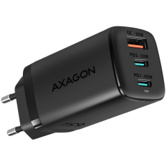 Axagon GaN wallcharger 240V / 3x port (USB + dual USB-C), PD3.0/QC4+/PPS/Apple. 65W total power.