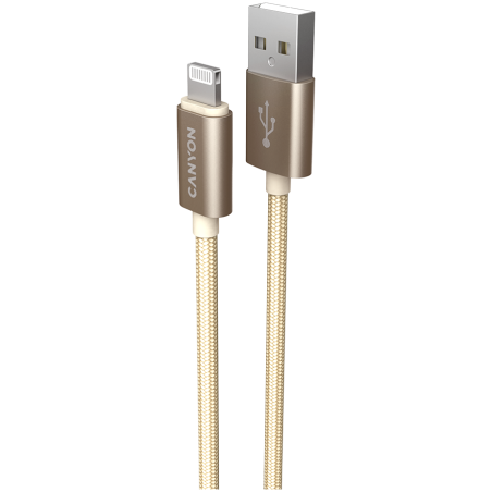 CANYON Charge & Sync MFI braided cable with metalic shell, USB to lightning, certified by Apple, 1m, 0.28mm, Golden