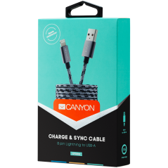 CANYON Lightning USB Cable for Apple, braided, metallic shell, 1M, Dark gray