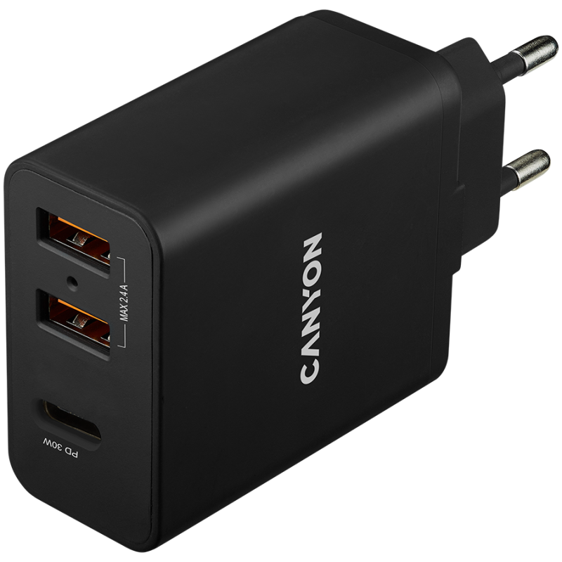 CANYON charger H-08 PD 30W USB-C 2USB-A Black CANYON charger H-08 PD 30W USB-C 2USB-A Black