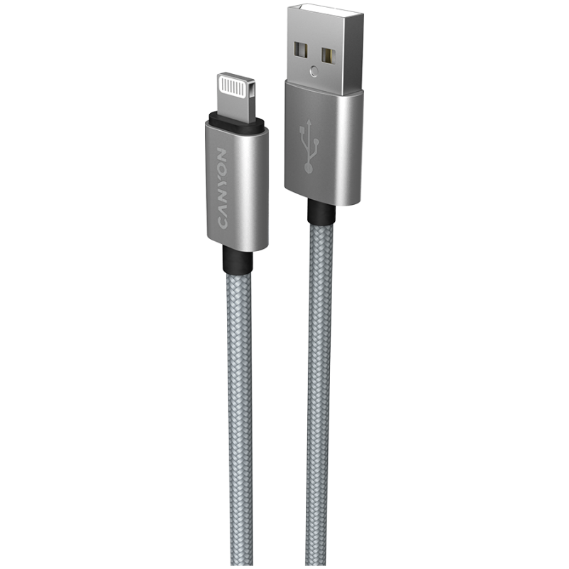 CANYON Charge & Sync MFI braided cable with metalic shell, USB to lightning, certified by Apple, 1m, 0.28mm, Dark gray CANYON Charge & Sync MFI braided cable with metalic shell, USB to lightning, certified by Apple, 1m, 0.28mm, Dark gray