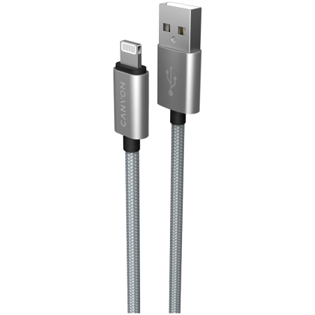 CANYON Charge & Sync MFI braided cable with metalic shell, USB to lightning, certified by Apple, 1m, 0.28mm, Dark gray
