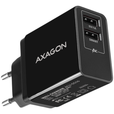 Axagon Dual wall charger 240V / 2x port 5V-2.2A + 5V-1A. 16W total power.