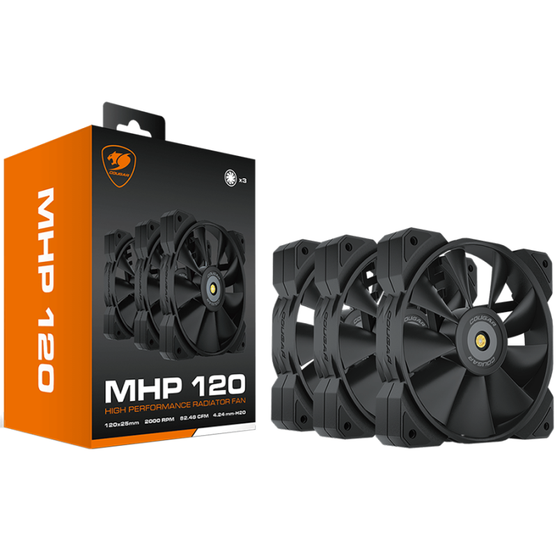 COUGAR MHP 120 Black (3 Fan Pack), 120mm 4-pin PWM fan, 600-2000RPM, HDB Bearing, Anti-vibration Dampers, Extension Cable + Low-