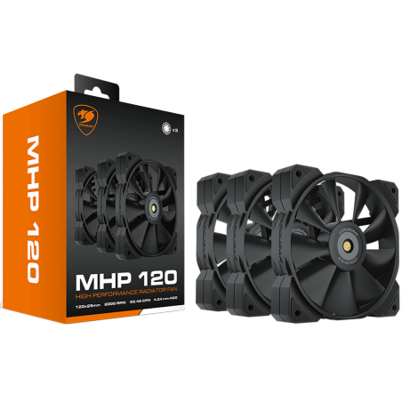 COUGAR MHP 120 Black (3 Fan Pack), 120mm 4-pin PWM fan, 600-2000RPM, HDB Bearing, Anti-vibration Dampers, Extension Cable + Low-