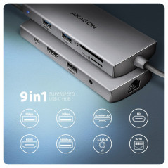 AXAGON HMC-8HLSA USB-C 3.2 Gen 1 hub, 3x USB-A + 4K/30Hz HDMI + SD/microSD, GLAN, Audio, PD 100W, 20cm USB-C cable