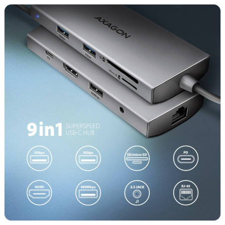 AXAGON HMC-8HLSA USB-C 3.2 Gen 1 hub, 3x USB-A + 4K/30Hz HDMI + SD/microSD, GLAN, Audio, PD 100W, 20cm USB-C cable