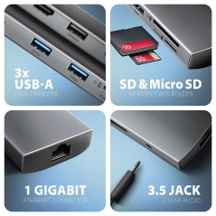 AXAGON HMC-8HLSA USB-C 3.2 Gen 1 hub, 3x USB-A + 4K/30Hz HDMI + SD/microSD, GLAN, Audio, PD 100W, 20cm USB-C cable