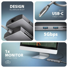 AXAGON HMC-8HLSA USB-C 3.2 Gen 1 hub, 3x USB-A + 4K/30Hz HDMI + SD/microSD, GLAN, Audio, PD 100W, 20cm USB-C cable