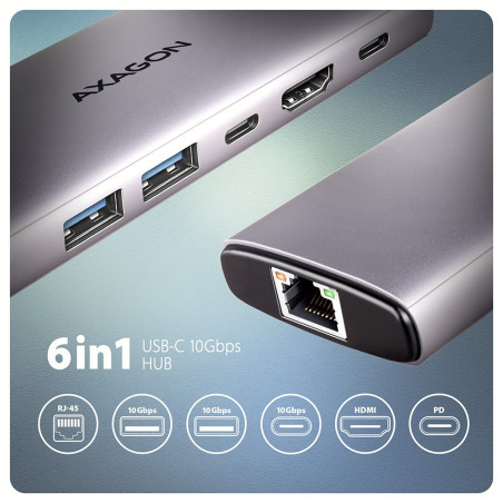 AXAGON HMC-6G2L 2x USB-A 10Gbps, 1x USB-C 10Gbps, 4K/60Hz HDMI, RJ-45, USB 3.2 Gen 2 hub, PD 100W, 15cm USB-C cable