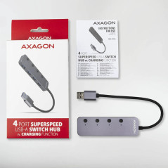 AXAGON HUE-MSA 4x USB3.2 Gen 1 SWITCH hub, metal, micro USB power IN, 20cm USB-A cable