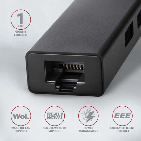 AXAGON HMA-GL3A 3x USB-A + GLAN, USB3.2 Gen 1 hub, metal, 20cm USB-A cable