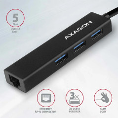 AXAGON HMA-GL3A 3x USB-A + GLAN, USB3.2 Gen 1 hub, metal, 20cm USB-A cable