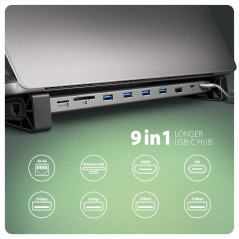 AXAGON HMC-10HLS, USB 5Gbps hub, 4x USB-A, HDMI 4K/60Hz, RJ-45, SD/microSD, PD 100W, 25cm USB-C cable
