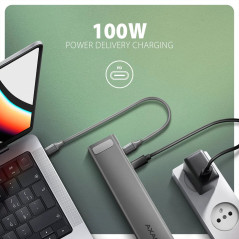 AXAGON HMC-10HLS, USB 5Gbps hub, 4x USB-A, HDMI 4K/60Hz, RJ-45, SD/microSD, PD 100W, 25cm USB-C cable