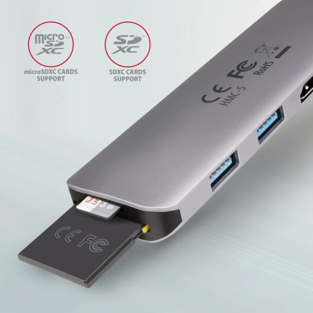 Multiport USB 3.2 Gen 1 hub. HDMI, card reader and Power Delivery. 20 cm USB-C cable.