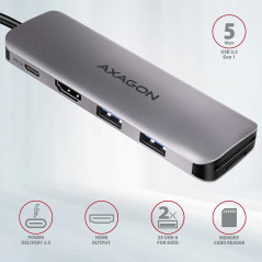 Multiport USB 3.2 Gen 1 hub. HDMI, card reader and Power Delivery. 20 cm USB-C cable.