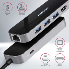Axagon Multiport USB 3.2 Gen 1 hub. HDMI, Gigabit LAN and Power Delivery. 20 cm USB-C cable.