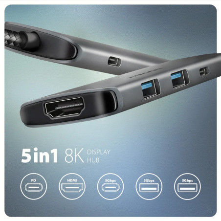AXAGON HMC-5H8K USB 5Gbps hub, 2x USB-A, USB-C, HDMI 8k/30Hz, PD 100W,