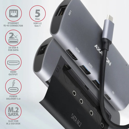 Axagon HMC-6M2 SUPERSPEED USB-C COMBO 6IN1 HUBMultiport USB 3.2 Gen 1 hub. SATA M.2, HDMI, Gigabit LAN and Power Delivery. Cable