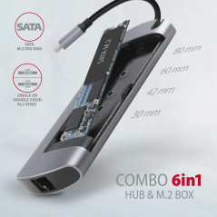 Axagon HMC-6M2 SUPERSPEED USB-C COMBO 6IN1 HUBMultiport USB 3.2 Gen 1 hub. SATA M.2, HDMI, Gigabit LAN and Power Delivery. Cable