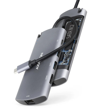 Axagon HMC-6M2 SUPERSPEED USB-C COMBO 6IN1 HUBMultiport USB 3.2 Gen 1 hub. SATA M.2, HDMI, Gigabit LAN and Power Delivery. Cable
