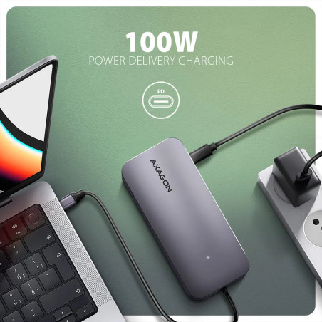 Axagon Multi port USB-C 10Gbps hub. NVMe/SATA M.2, HDMI, card reader and Power Delivery. Cable USB-C 20 cm.