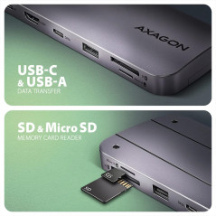 Axagon Multi port USB-C 10Gbps hub. NVMe/SATA M.2, HDMI, card reader and Power Delivery. Cable USB-C 20 cm.