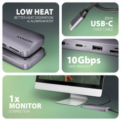 Axagon Multi port USB-C 10Gbps hub. NVMe/SATA M.2, HDMI, card reader and Power Delivery. Cable USB-C 20 cm.