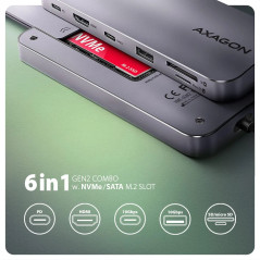 Axagon Multi port USB-C 10Gbps hub. NVMe/SATA M.2, HDMI, card reader and Power Delivery. Cable USB-C 20 cm.