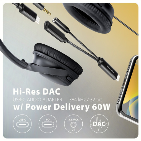 AXAGON ADA-HCPD USB-C to 3.5mm jack - Hi-Res DAC audio adapter, 384kHz/32bit, PD 60W 3A