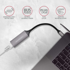 AXAGON ADE-TRC Type-C USB3.2 Gen 1 - Gigabit Ethernet 10/100/1000 Adapter, metal, titan grey