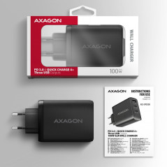 AXAGON ACU-DPQ100 GaN Wall charger, 3x port (USB + dual USB-C), PD3.0/QC4+/PPS/Apple, 100W, black