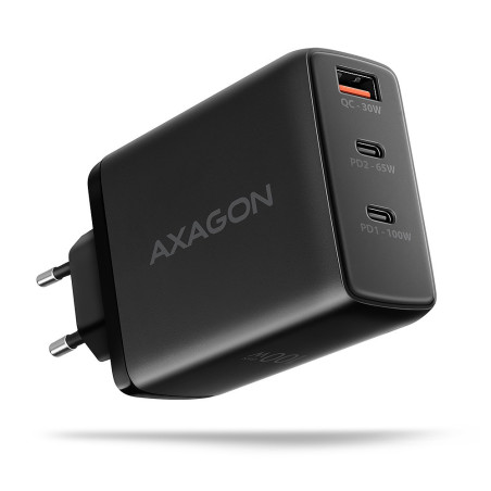AXAGON ACU-DPQ100 GaN Wall charger, 3x port (USB + dual USB-C), PD3.0/QC4+/PPS/Apple, 100W, black