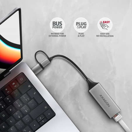 AXAGON ADE-TXCA USB-C USB3.2 Gen 1 + USB-A reduction- Gigabit Ethernet 10/100/1000 Adapter, metal, titan grey