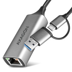 AXAGON ADE-TXCA USB-C USB3.2 Gen 1 + USB-A reduction- Gigabit Ethernet 10/100/1000 Adapter, metal, titan grey