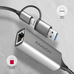 AXAGON ADE-TXCA USB-C USB3.2 Gen 1 + USB-A reduction- Gigabit Ethernet 10/100/1000 Adapter, metal, titan grey