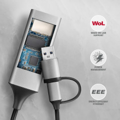 AXAGON ADE-TXCA USB-C USB3.2 Gen 1 + USB-A reduction- Gigabit Ethernet 10/100/1000 Adapter, metal, titan grey