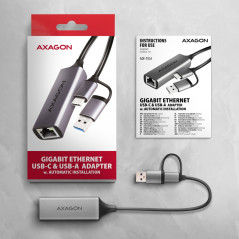 AXAGON ADE-TXCA USB-C USB3.2 Gen 1 + USB-A reduction- Gigabit Ethernet 10/100/1000 Adapter, metal, titan grey