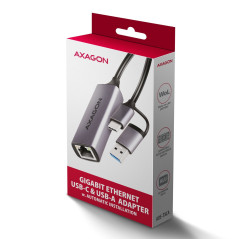 AXAGON ADE-TXCA USB-C USB3.2 Gen 1 + USB-A reduction- Gigabit Ethernet 10/100/1000 Adapter, metal, titan grey