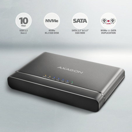 Axagon USB 3.2 Gen 2 adapter for connecting NVMe M.2 SSDs and SATA 2.5"/3.5" drives with cloning function.