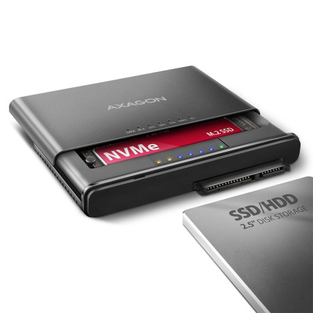 Axagon USB 3.2 Gen 2 adapter for connecting NVMe M.2 SSDs and SATA 2.5"/3.5" drives with cloning function.