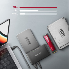 Axagon USB 3.2 Gen 2 adapter for connecting NVMe M.2 SSDs and SATA 2.5"/3.5" drives with cloning function.